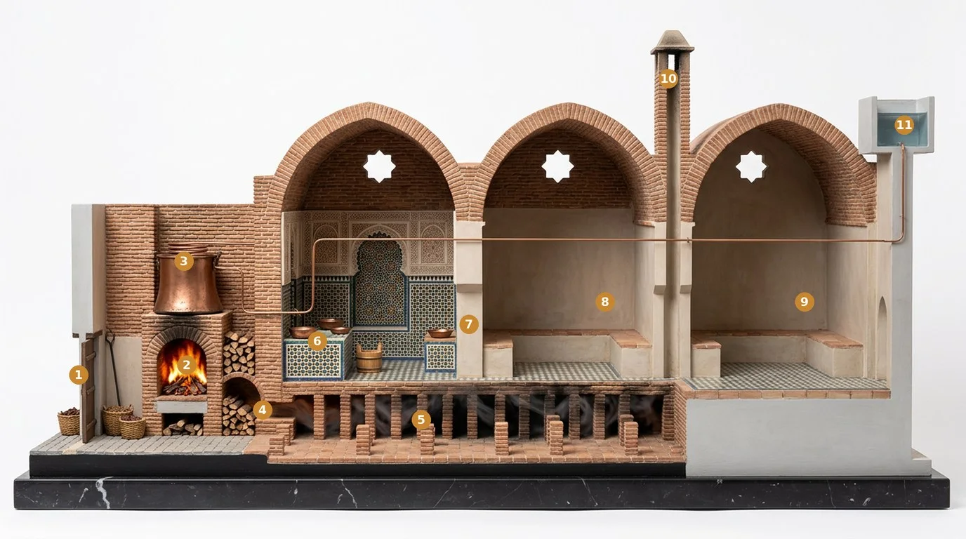 Modello in sezione di un hammam: il focolare fuori dal bagno, la bocca, i pilastrini, la vasca e la canna fumaria