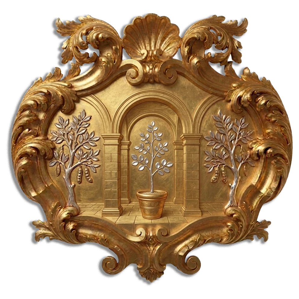 Lo stemma di Dar al-Bidaya: il portico con il carrubo giovane nel vaso, fra due carrubi adulti